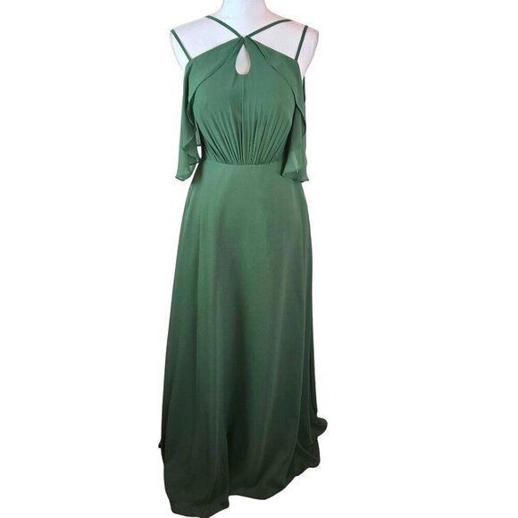 Azazie Adele Bridesmaid Dress Womens Size C 2 Green Chiffon A-line Halter Ruffle - Picture 1 of 15